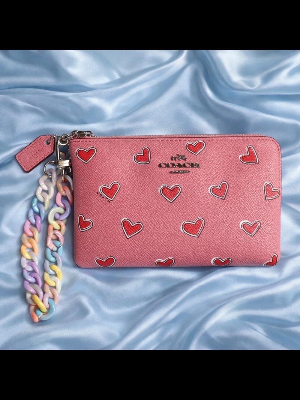 Coach Pink Heart Zip Wristlet with Multicolor Pastel Chain
